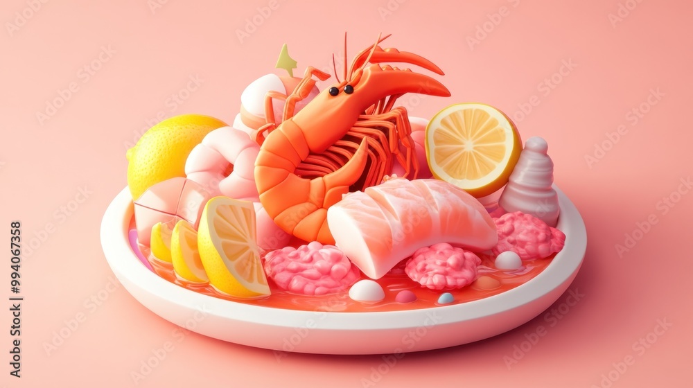 A colorful, stylized seafood platter featuring shrimp, fish, and lemon on a pink background. A colorful, stylized seafood platter featuring shrimp, fish, and lemon on a pink background.
