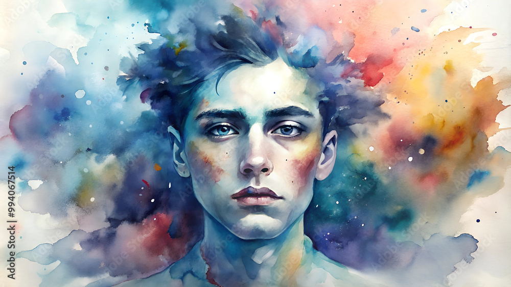 Obraz premium Serene Face of a Young Man with Blue Eyes Against an Explosion of Colors, Watercolor,