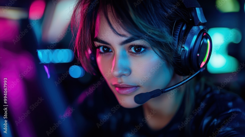 A focused gamer girl engages with her computer in a neon-lit room, her headphones indicating gaming or streaming, symbolizing modern technology and digital culture. A focused gamer girl engages with her computer in a neon-lit room, her headphones indicating gaming or streaming, symbolizing modern technology and digital culture.