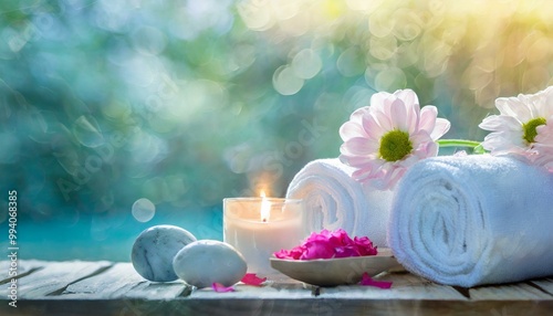 Spa with flowers, towels, stones, and candle with calming blue bokeh background; banner greeting