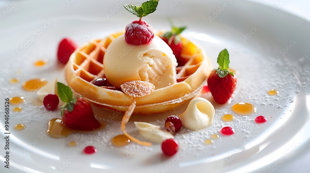Spoon of custard sorbet within the waffle ring Spoon of custard sorbet within the waffle ring