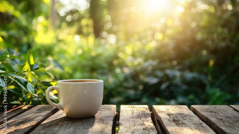 White coffee cup on a rustic wooden table in a lush garden at sunrise, soft sunlight creating a cozy morning vibe. White coffee cup on a rustic wooden table in a lush garden at sunrise, soft sunlight creating a cozy morning vibe.
