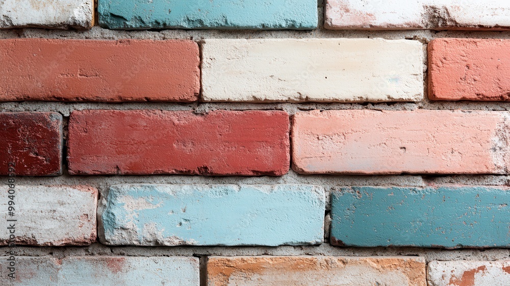 A soothing pastel brick wall exudes a soft vintage aesthetic, with a harmonious mix of light colors and weathered textures, ideal for bringing a touch of nostalgia and elegance.