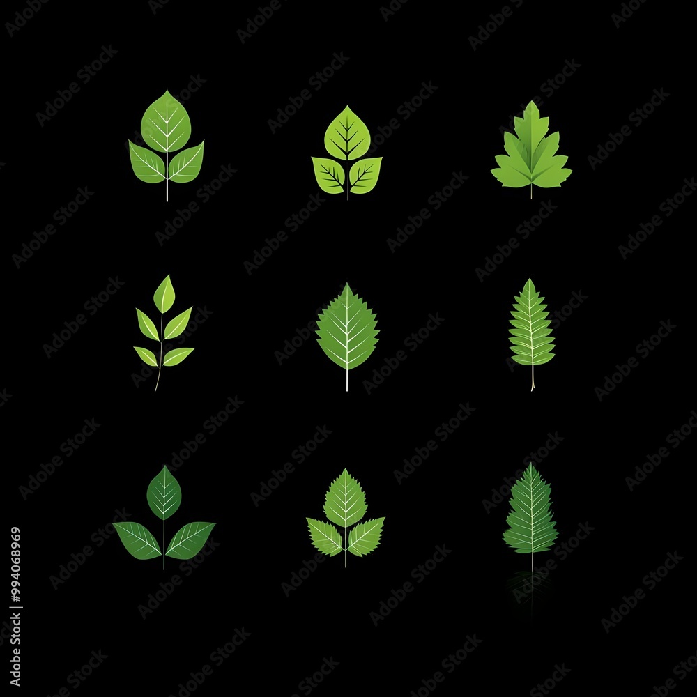 Set of green leaves icons on a black background. Vector illustration Set of green leaves icons on a black background. Vector illustration
