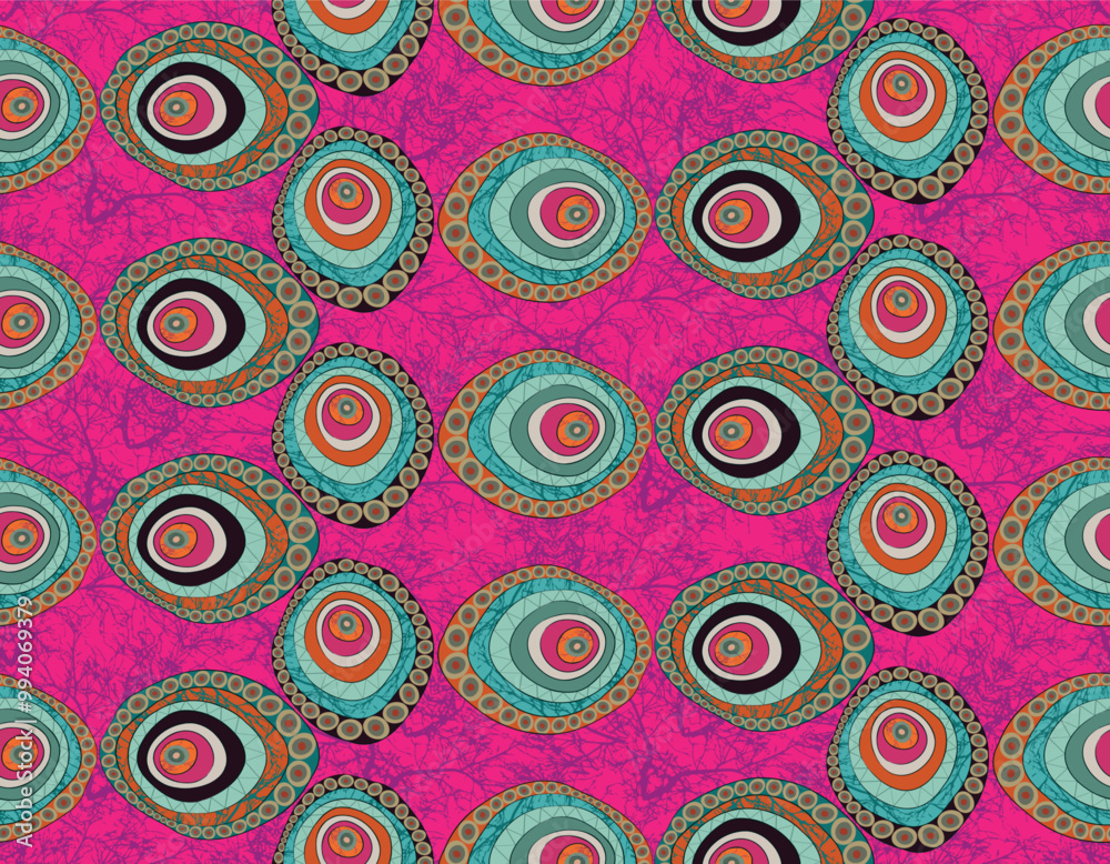 Seamless African Wax Print fabric, Ethnic handmade ornament for your design, Afro Ethnic flowers and tribal motifs geometric circle elements. Vector texture, Africa Ankara textile fashion background Seamless African Wax Print fabric, Ethnic handmade ornament for your design, Afro Ethnic flowers and tribal motifs geometric circle elements. Vector texture, Africa Ankara textile fashion background