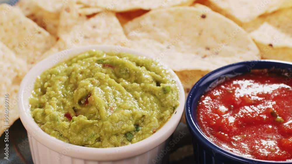 Nachos with Guacamole dip, traditional mexican food in restaurant for nachos, close up of avocado plate for vegetarians.