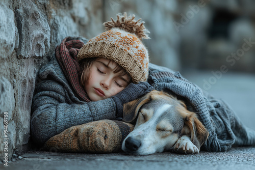 Homeless child sleeping on the street with a dog photo