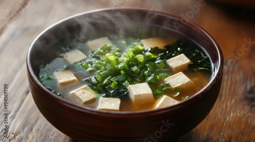 A steaming bowl of miso soup with tofu, seaweed, and green onions. The soup is a Japanese culinary staple known for its savory flavor and health benefits.