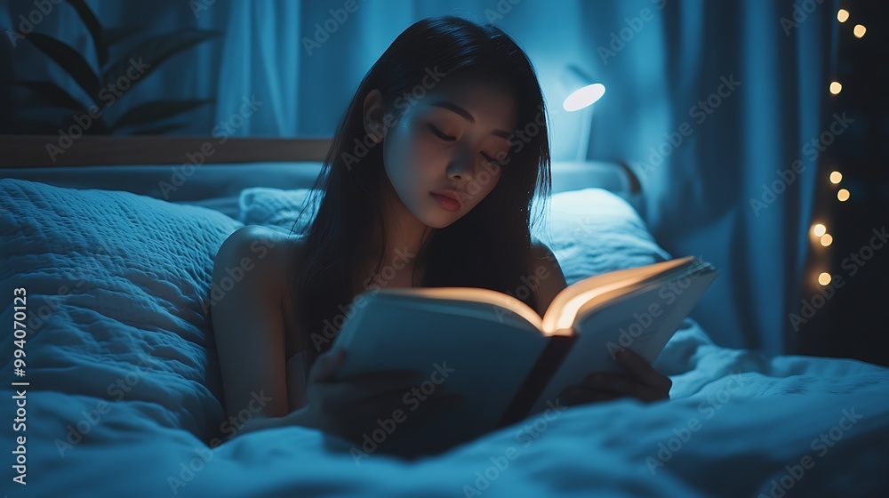 A young woman lies in bed, reading a book under a bedside lamp, the glow from the book illuminating her face. A young woman lies in bed, reading a book under a bedside lamp, the glow from the book illuminating her face.