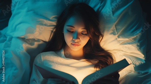 A young woman lies in bed reading a book, illuminated by the light from the pages. The soft blue and yellow lighting creates a relaxing and intimate atmosphere.