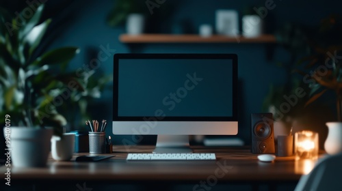 The image captures an office setup with a computer monitor, potted plants, candles, and stationery, creating a cozy and productive workspace with a modern aesthetic.