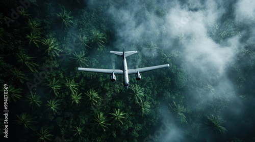 An airplane is captured flying over a dense and vibrant tropical rainforest shrouded in mist, offering a dramatic and serene view of nature and aviation in harmony. photo