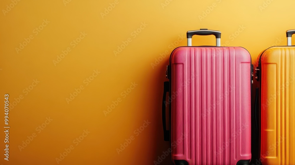 A vibrant image of two suitcases, one pink and the other orange, standing upright against a striking yellow background, evoking feelings of travel and adventure. A vibrant image of two suitcases, one pink and the other orange, standing upright against a striking yellow background, evoking feelings of travel and adventure.