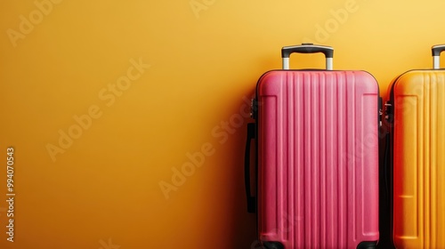 A vibrant image of two suitcases, one pink and the other orange, standing upright against a striking yellow background, evoking feelings of travel and adventure.