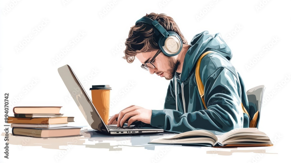 Focused young man wearing headphones studying with laptop, books, and coffee. Concept of distance learning and university education. Focused young man wearing headphones studying with laptop, books, and coffee. Concept of distance learning and university education.