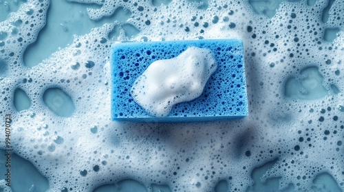 A blue cleaning sponge with soapy foam, ready for washing dishes or cleaning around the house.