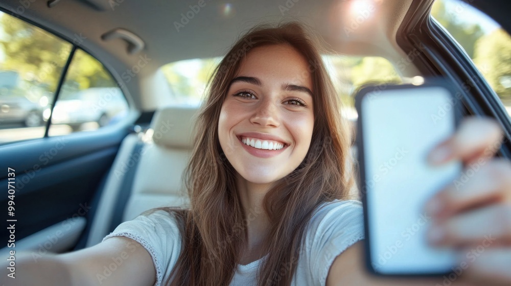 Smiling young woman taking selfie picture with smart phone camera outdoors in car Smiling young woman taking selfie picture with smart phone camera outdoors in car