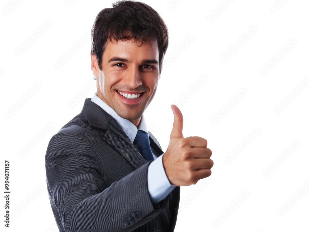 A businessman giving a thumbs up after closing a deal, isolated on transparent background, PNG file A businessman giving a thumbs up after closing a deal, isolated on transparent background, PNG file