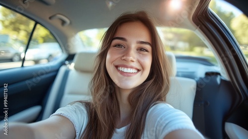 Smiling young woman taking selfie picture with smart phone camera outdoors in car