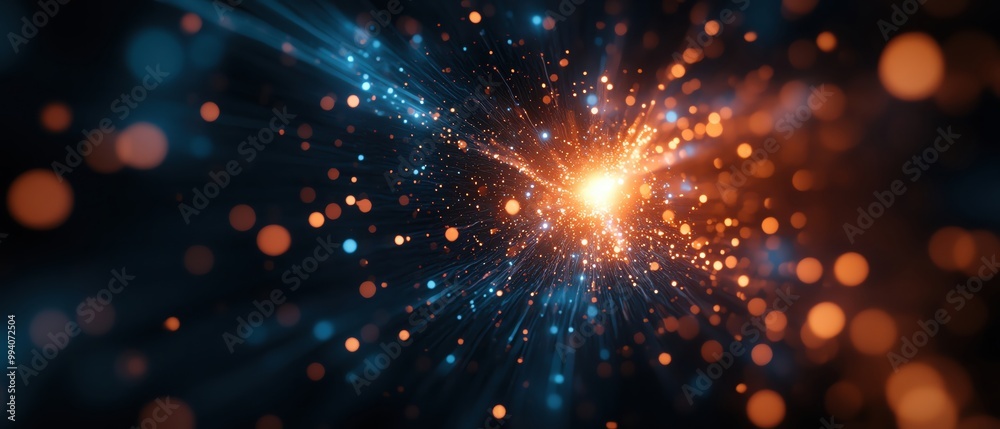 Naklejka premium Vibrant explosion of light and color, showcasing dynamic energy and captivating visual effects, perfect for digital art or technology themes.