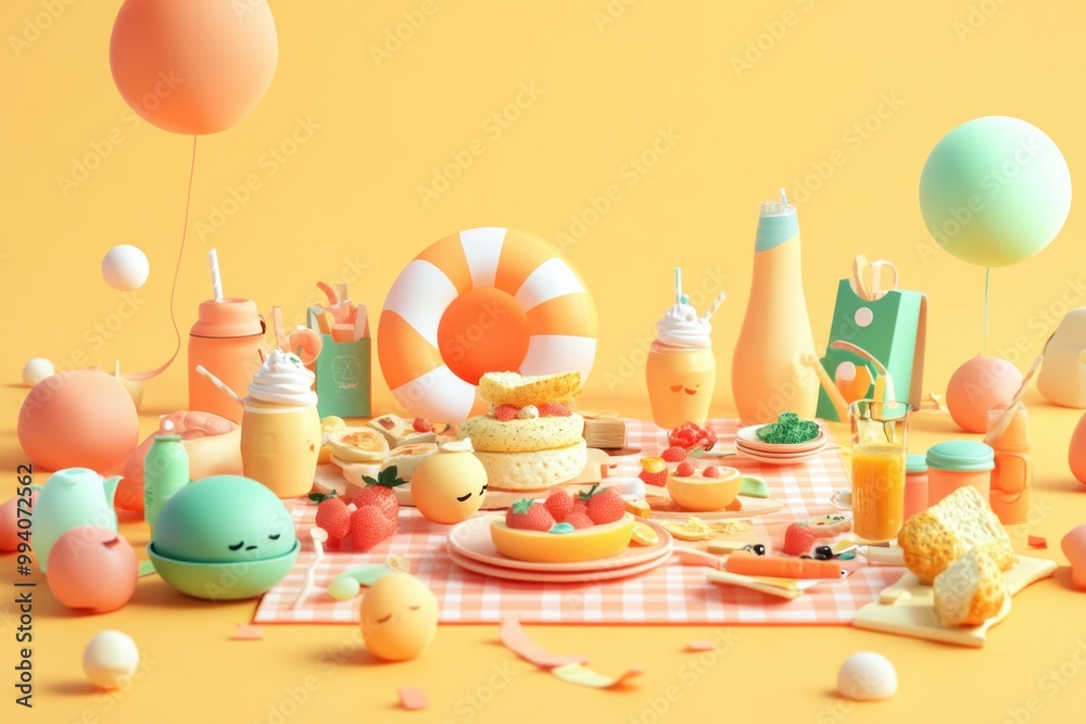 A colorful picnic scene with playful food items and drinks on a checkered blanket. A colorful picnic scene with playful food items and drinks on a checkered blanket.
