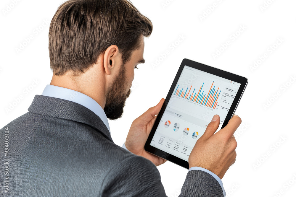 A businessman looking at a financial chart on a tablet, isolated on transparent background, PNG file A businessman looking at a financial chart on a tablet, isolated on transparent background, PNG file