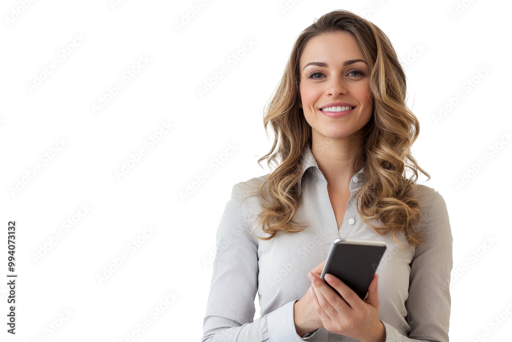 A businesswoman holding a smartphone and making notes, isolated on transparent background, PNG file A businesswoman holding a smartphone and making notes, isolated on transparent background, PNG file