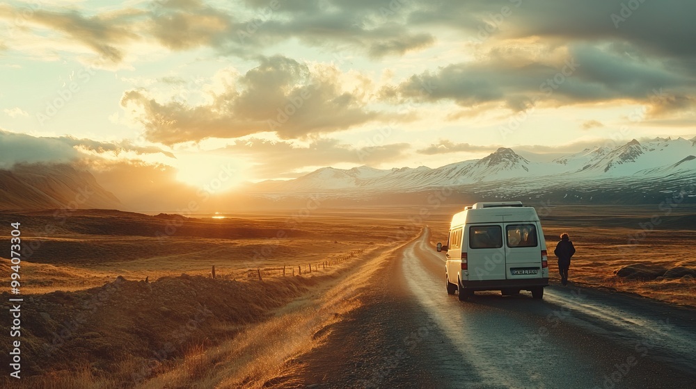 Van driving into the sunset on a lonely road in Iceland Van driving into the sunset on a lonely road in Iceland