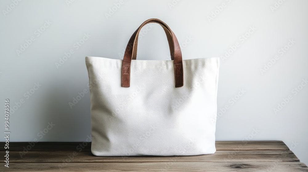 White tote bag with brown leather handles placed on a wooden table, simple and stylish setup, white background.c White tote bag with brown leather handles placed on a wooden table, simple and stylish setup, white background.c