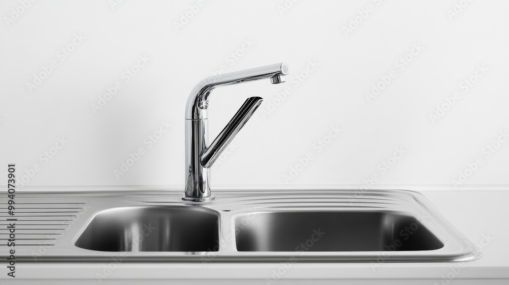 A kitchen sink with a faucet, photographed against a white backdrop.