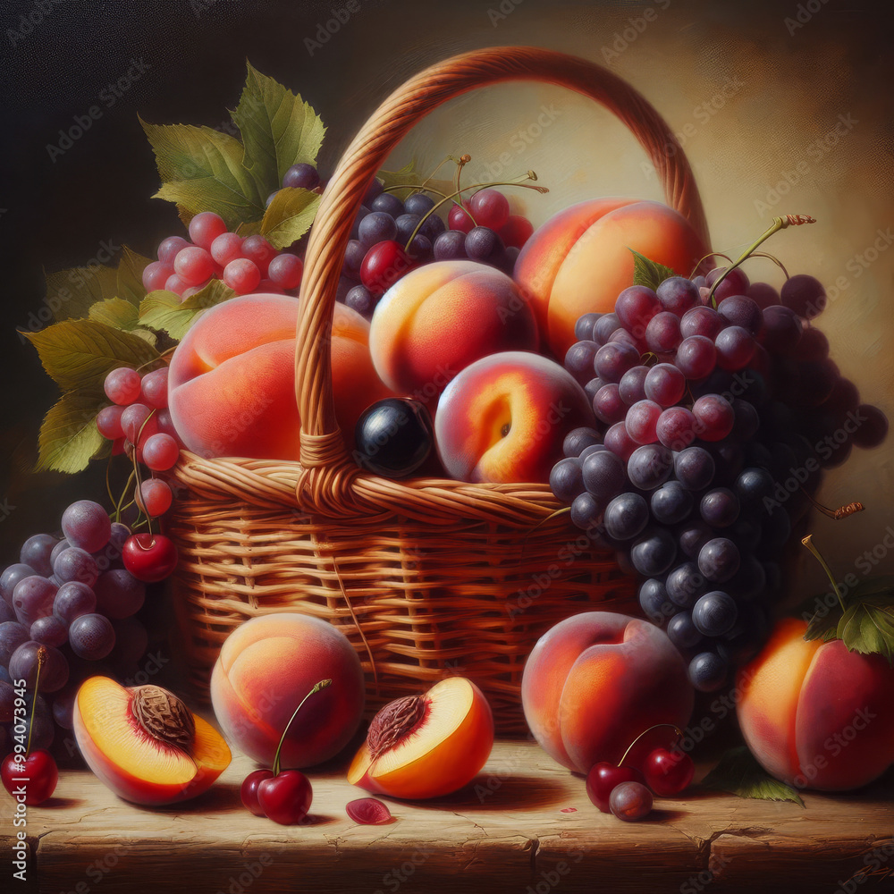 Bountiful Wicker Basket of Colorful Summer Fruits in Realistic Detail Bountiful Wicker Basket of Colorful Summer Fruits in Realistic Detail