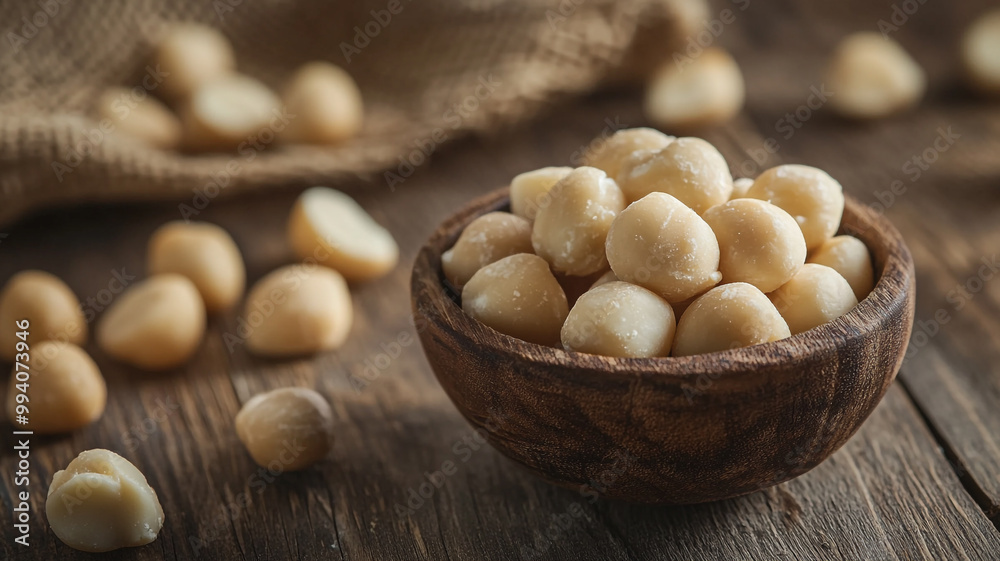 Natural macadamia nuts in a wooden bowl with scattered nuts on a rustic wooden table Natural macadamia nuts in a wooden bowl with scattered nuts on a rustic wooden table