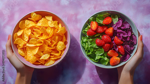 Two Hands Holding a Salad Bowl and Potato Chips on a Picnic Table 