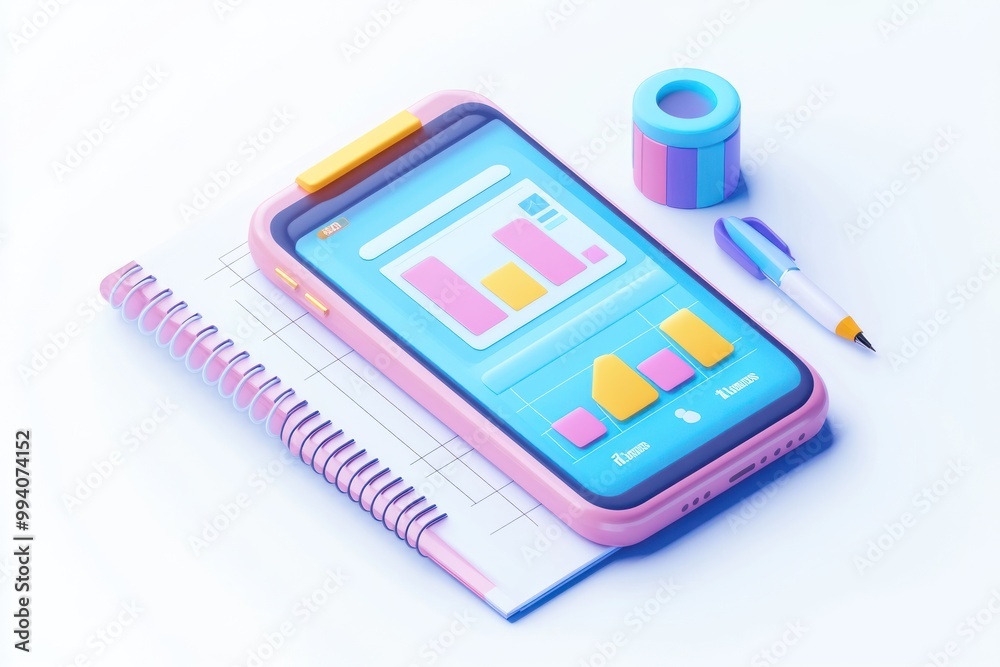 A colorful smartphone displaying graphs, alongside a notebook and pen, suggesting data analysis. A colorful smartphone displaying graphs, alongside a notebook and pen, suggesting data analysis.