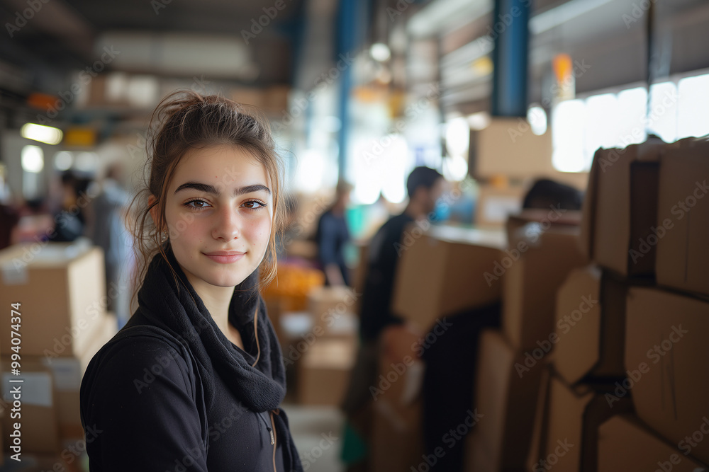 Fototapeta premium Young girl volunteering at a distribution center during a relief effort