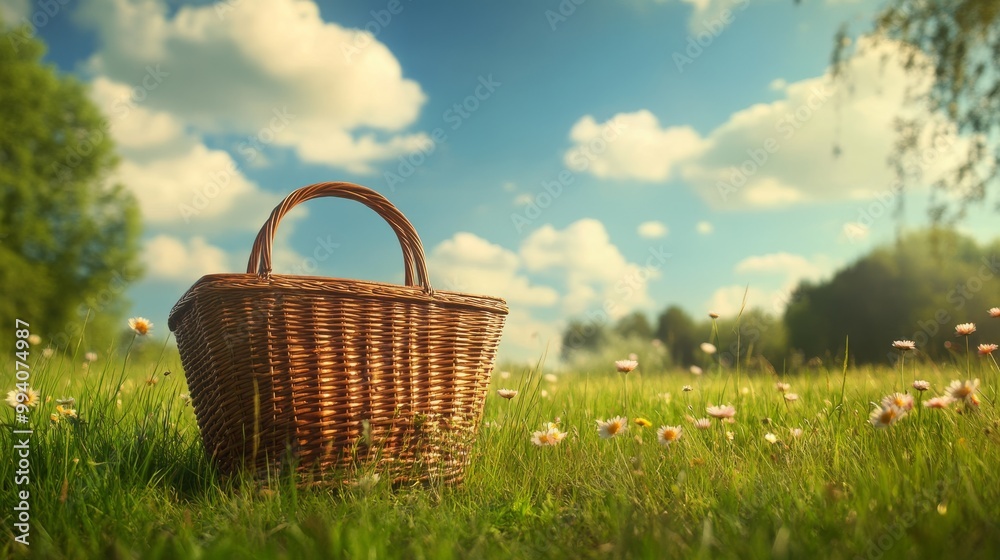 A picnic basket sits on a grassy field. There's room for you to add your own message. A picnic basket sits on a grassy field. There's room for you to add your own message.