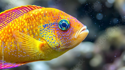 A vibrant orange and blue fish swimming gracefully in clear underwater waters. photo