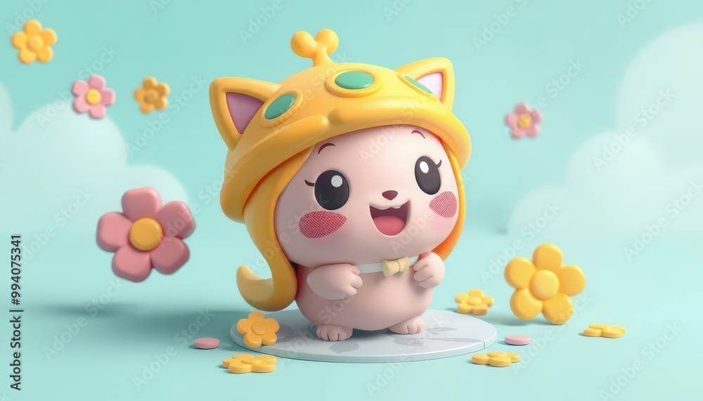 Cheerful 3D cartoon character with yellow hat and big eyes. Cheerful 3D cartoon character with yellow hat and big eyes.