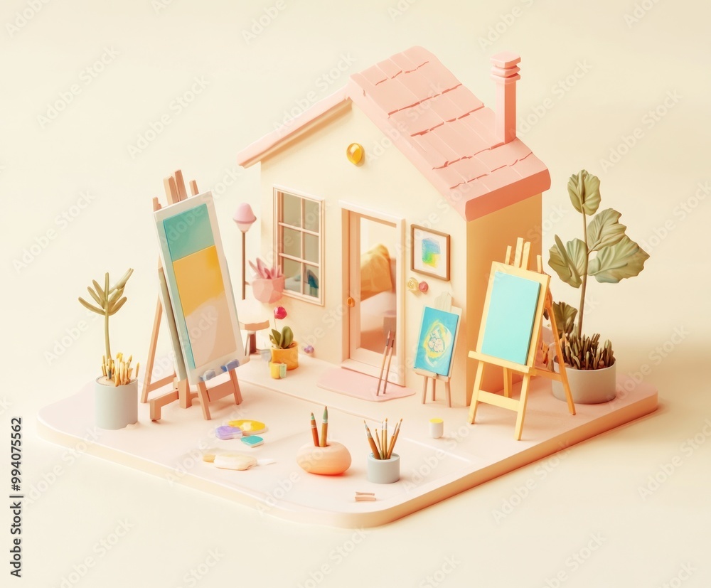 A whimsical art studio scene with easels, plants, and colorful supplies. A whimsical art studio scene with easels, plants, and colorful supplies.