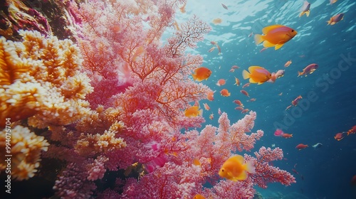 Vibrant underwater scene with colorful coral and tropical fish in clear blue water.