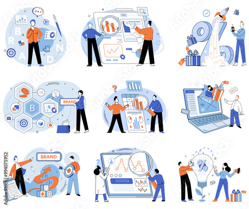 Brand vector illustration. Trademark, sentinel, guards brands distinctiveness with unwavering vigilance Branding, weaver, intertwines threads perception to create fabric brand Idea, catalyst sparks