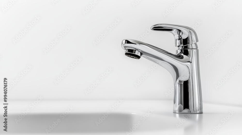 A shiny, silver faucet against a plain white backdrop. A shiny, silver faucet against a plain white backdrop.