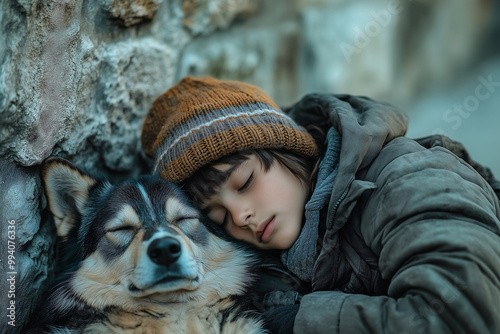 Homeless child sleeping with a dog on the street