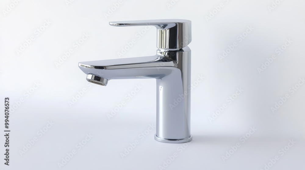 A single-lever bathroom faucet made of metal. The spout is short and the background is white. A single-lever bathroom faucet made of metal. The spout is short and the background is white.