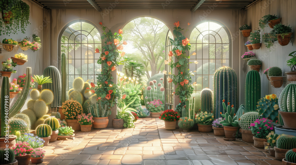 Interior of a greenhouse with cacti and succulents Interior of a greenhouse with cacti and succulents