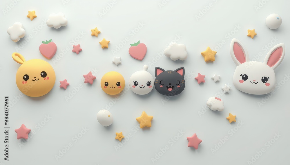Cute 3D cartoon animals and stars on a pastel background.