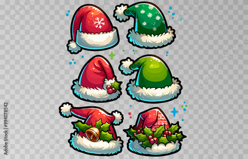 Hand drawn set of cartoon santa claus hats isolated on transparent png background. New Year, Christmas. Vector illustration.