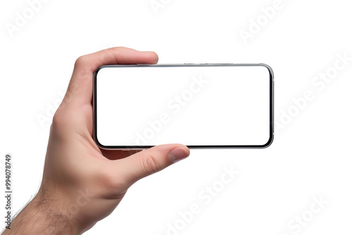 Hand holding a smartphone horizontally with an empty screen, perfect for mockups, on a transparent background