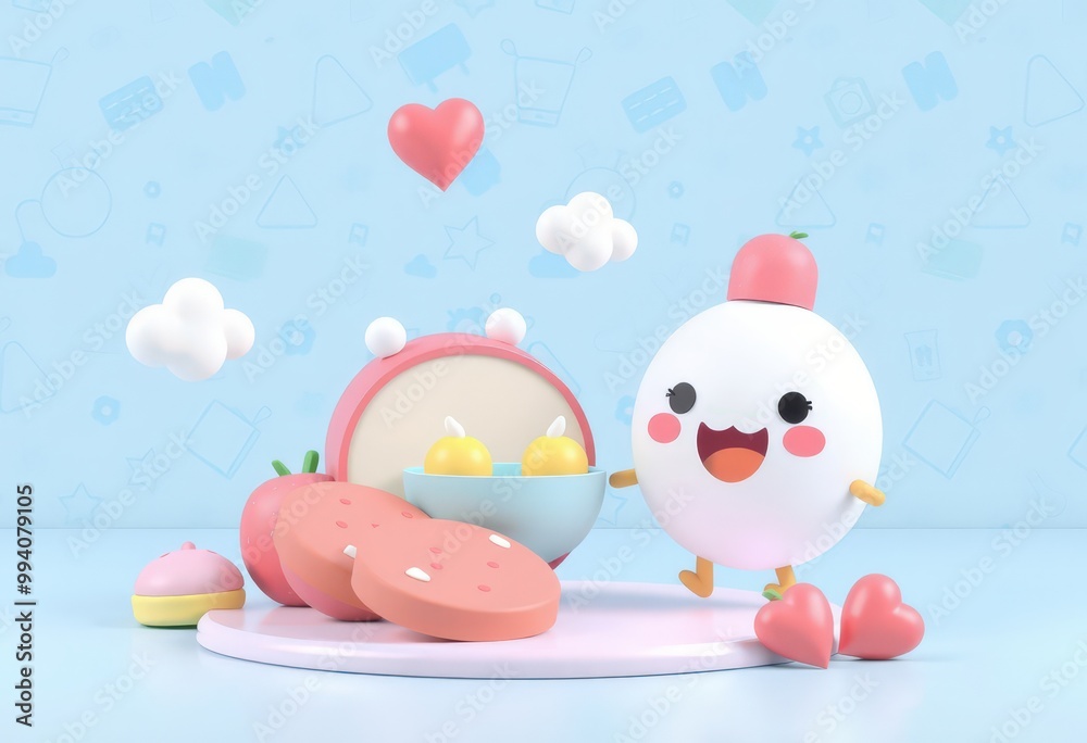 Cute 3D cartoon character with heart shaped feet standing on pink platform. Cute 3D cartoon character with heart shaped feet standing on pink platform.