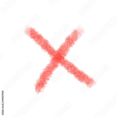 A red cross drawn with a soft textured effect on a pure white background, symbolizes error, rejection, or non-conformity